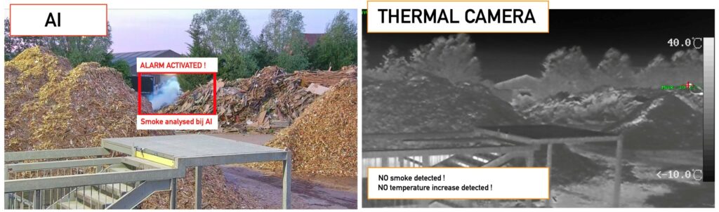 Een hydraulische grijparm verplaatst karton in een afvalverwerkingshal, met een bewakingscamera zichtbaar op de achtergrond