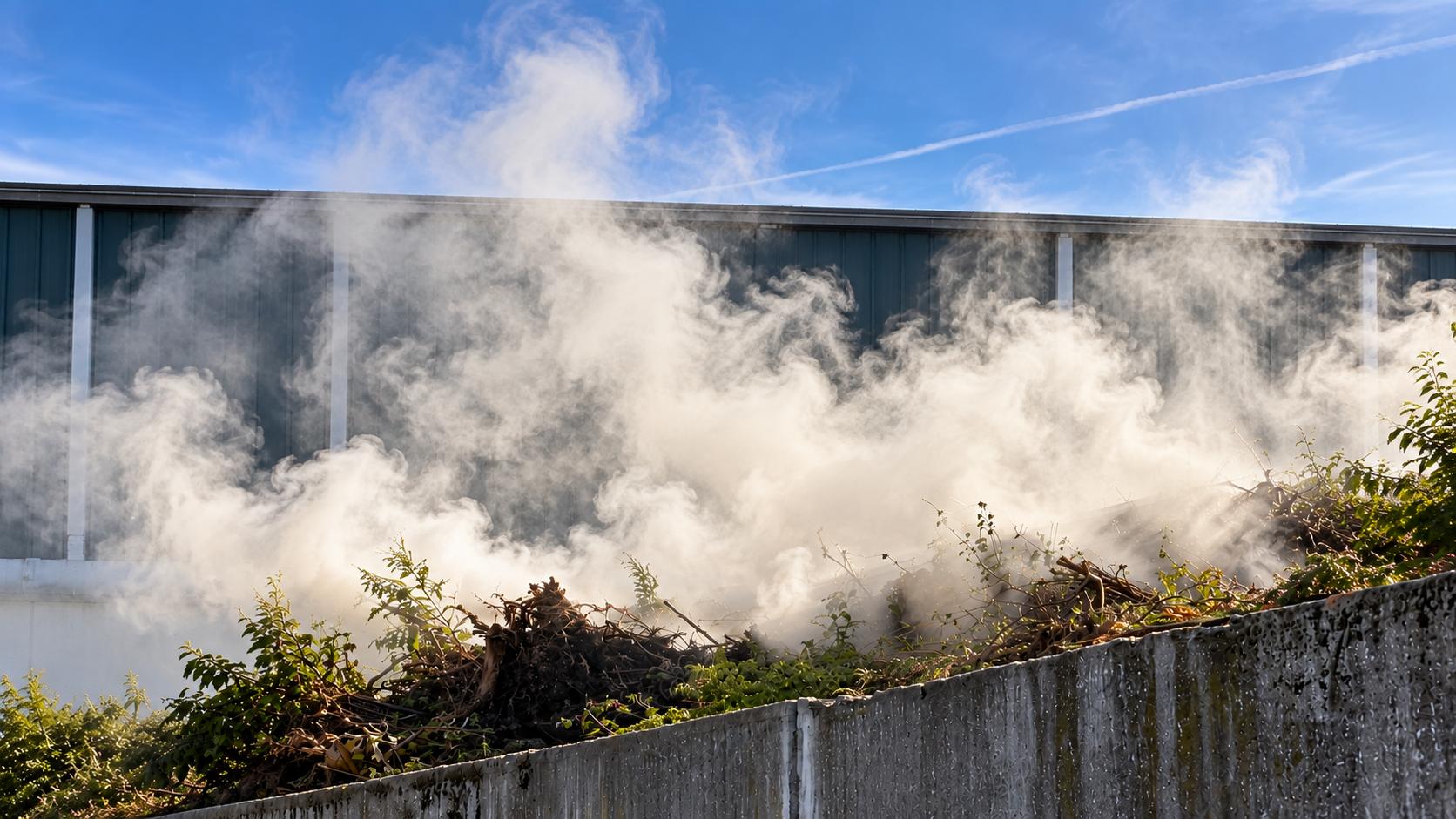 Stof- en rookontwikkeling bij een houtversnipperinstallatie naast een bedrijfsgebouw